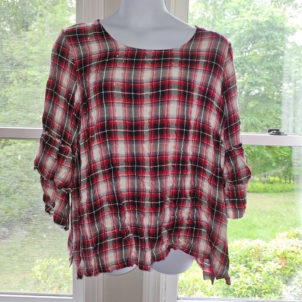 June and Delaney 3x Plaid Blouse with Tiered Sleeved and Tinsel
